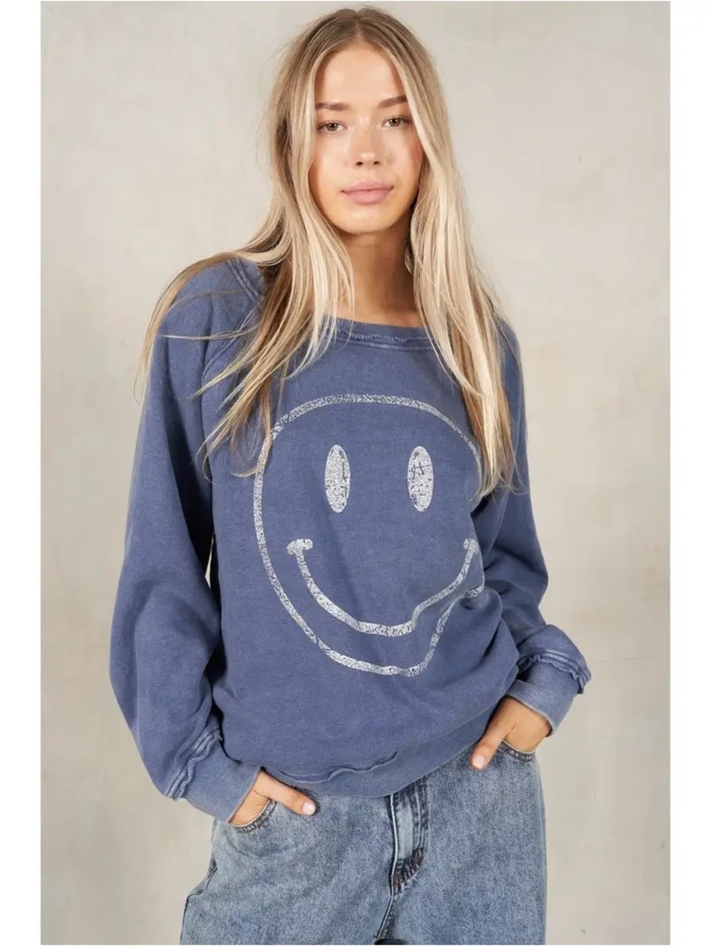 FP Movement Smiley Happy Face Mineral-Wash Sweatshirt in Vintage Blue NWOT